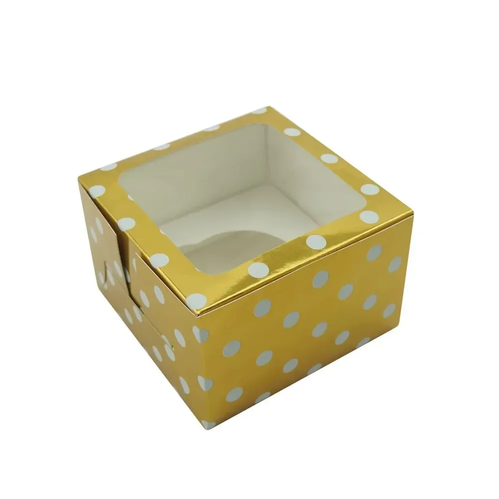 Celebrate Treat Boxes with Window & Cupcake Insert Gold White Polka Dots 3ct ea
